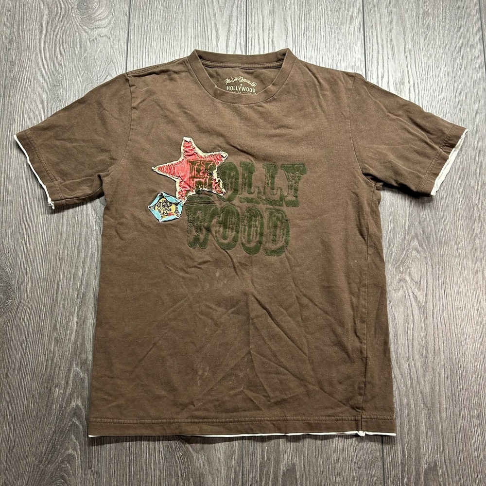 Hollywood The Jean People Brown Graphic Star Patch Y2K T-Shirt Medium